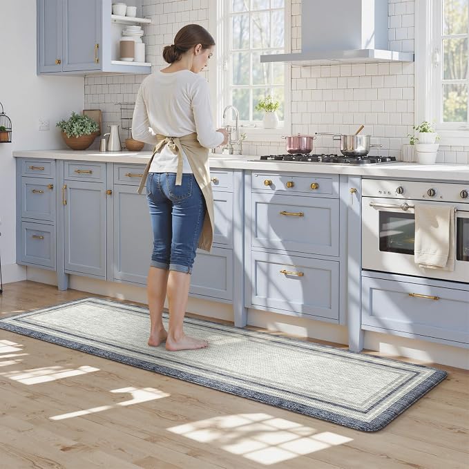 KIMODE Kitchen Mats for Floor Anti Fatigue, Blue Farmhouse Rugs for Kitchen Floor 24"x71", Padded Kitchen Floor Mats, Cushioned Memory Foam Standing Desk Mat for Laundry Office Sink