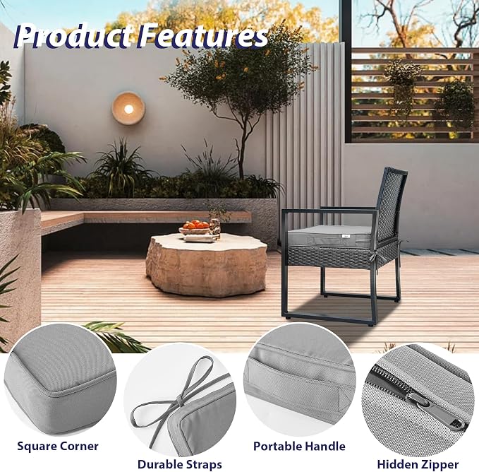 IPYNBAP Outdoor Chair Cushions Set of 4 -Waterproof Outdoor Seat Cushions for Patio Furniture, Patio Chair Cushion with Handle and Ties, Out Door Chair Pads,18.5x16x3-Square, Grey