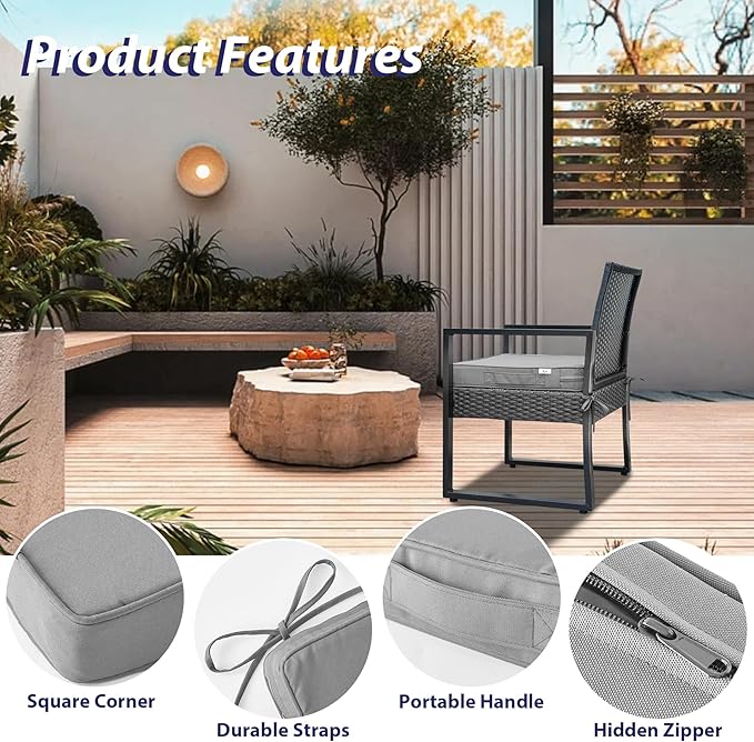 IPYNBAP Outdoor Chair Cushions Set of 4 -Waterproof Outdoor Seat Cushions for Patio Furniture, Patio Chair Cushion with Handle and Ties, Out Door Chair Pads,19x19x3-Square, Grey