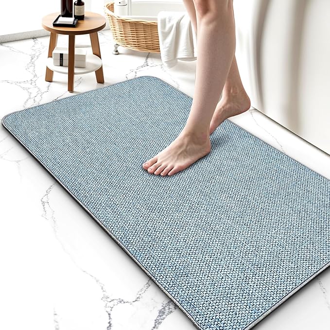Upgraded Bath Mat 24x36Inch, Thin Bath Mats Rugs with Rubber Backing Non-Slip, Absorbent,Quick Dry Machine Washable, Home Decor Accessories Cozy Cloth Bathroom Rugs fit Under Door/Sink/Tub/Shower-Blue
