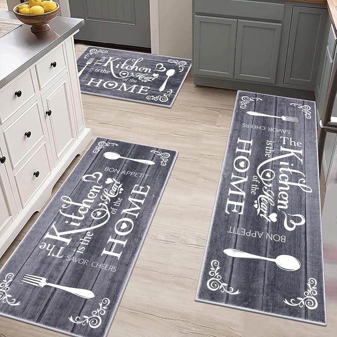 Vaukki Boho Kitchen Rug Sets 3 Pieces, Washable Kitchen Mats for Floor, Non Slip Soft Kitchen Area Rug Floor Mat for Kitchen, Laundry Room and Hallway (Grey, 20''x32''+20''x47''+20''x59'')