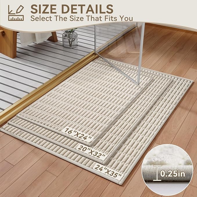 Non-Slip Bath Mat with Rubber Backing, Washable Thin Bath Mats for Bathroom Floor, Absorbent Bathroom Rugs, Quick Dry, Fits Under Door Beige 16x24