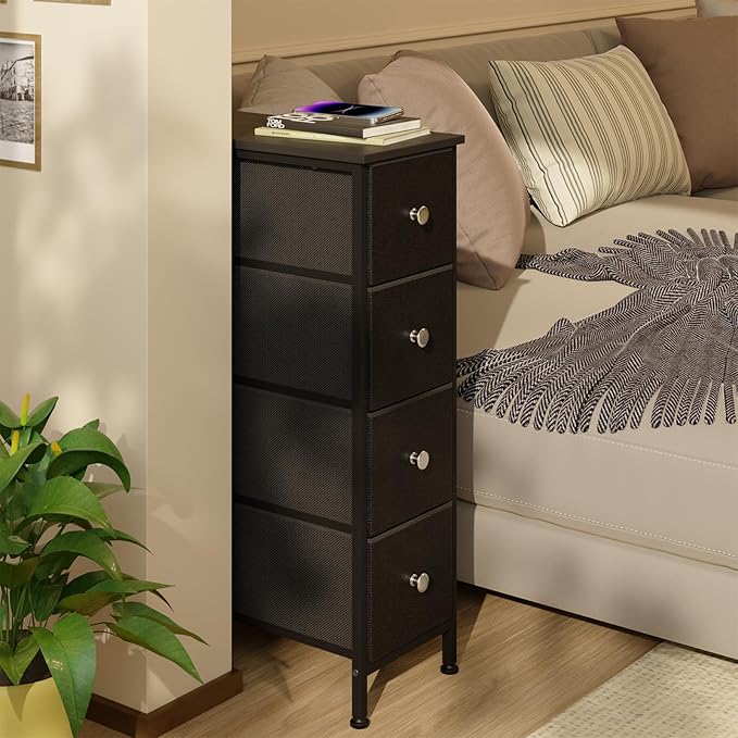 Fixwal Narrow Storage Cabinet, Small Dresser with 4 Drawers, Slim Fabric Dresser Storage for Small Spaces, Black Dresser Nightstand Side Table for Bedroom, Bathroom, Laundry, Closet, Dorm