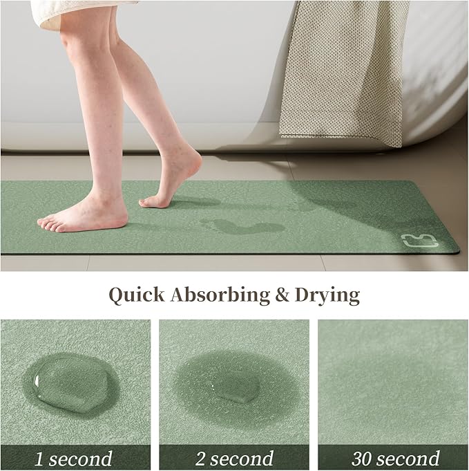 Diatomaceous Earth Bath Mat Rugs Quick Dry Super Absorbent Non Slip Rubber BottomThin Bathroom Mat Fit Under Door, Floor Rugs in Front of Bathtub,Shower Room,Sink,Washable, 17" x 32", Sage Green