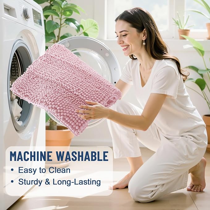 Grandaily Chenille Striped Bathroom Rugs 36x24, Extra Thick and Soft Absorbent Bath Mats, Rubber Backing, Plush Shaggy Shower Carpet, Machine Wash Dry, Bath Rug for Bathroom, Dusty Rose