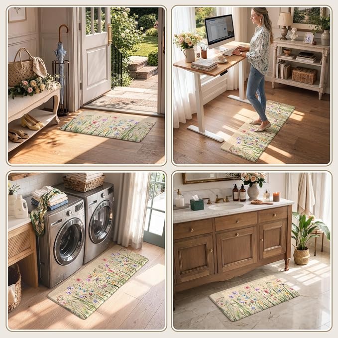 KIMODE Anti Fatigue Kitchen Mat, 17"x47"+17"x29" Floral Kitchen Rugs Sets of 2, Farmhouse Kitchen Floor Mats Non-Slip Cushioned, Comfort Standing Desk Mat for Sink, Laundry,Home Brown