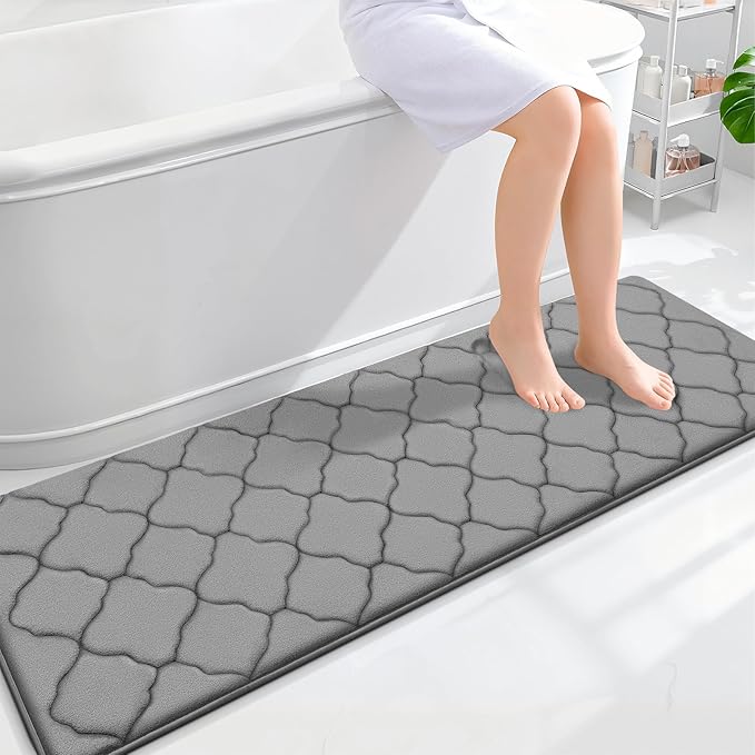 OLANLY Memory Foam Bath Mat Rug 59x20, Ultra Soft and Absorbent Bathroom Rugs, Non-Slip, Comfortable, Machine Washable Bath Carpet for Bathroom Floor, Tub, Shower and Home Decor Accessories, Grey