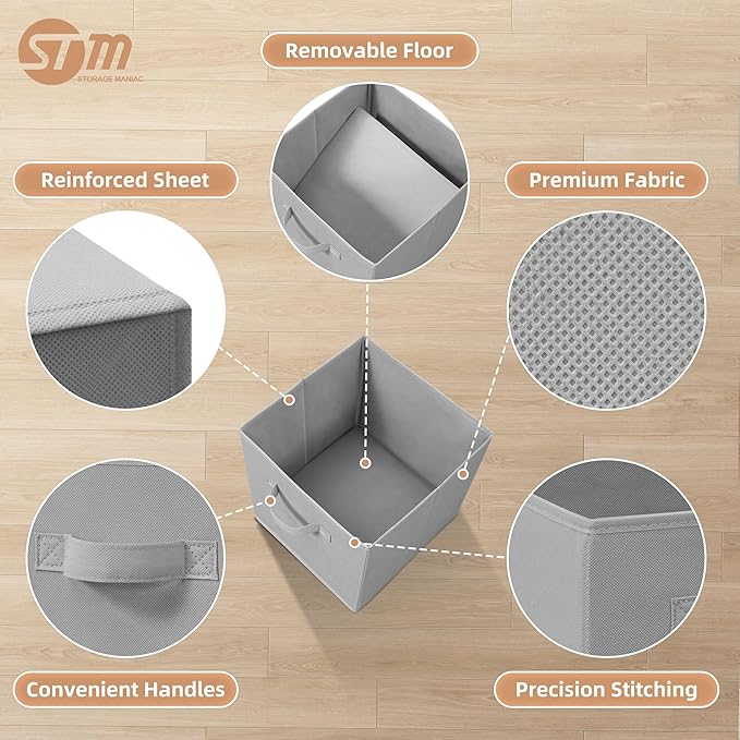 Storage Cubes - STORAGE MANIAC, 11 Inch Collapsible Storage Bins with Handles, 6 Pack Fabric Foldable Bins for Organization, Durable Storage Bins for Closet, Shelves, Offices, Toys, Grey