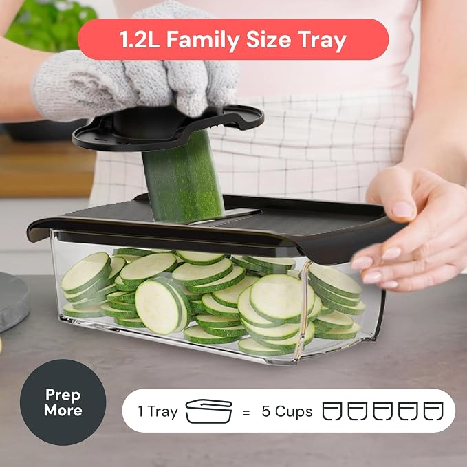 Fullstar Mandoline Slicer for Kitchen, Fruit Cutter, Cheese Grater, Cucumber Slicer, Veggie Spiralizer, Food Cutter & Kitchen Gadgets & Gifts with Safety Glove (6 in 1, Black)