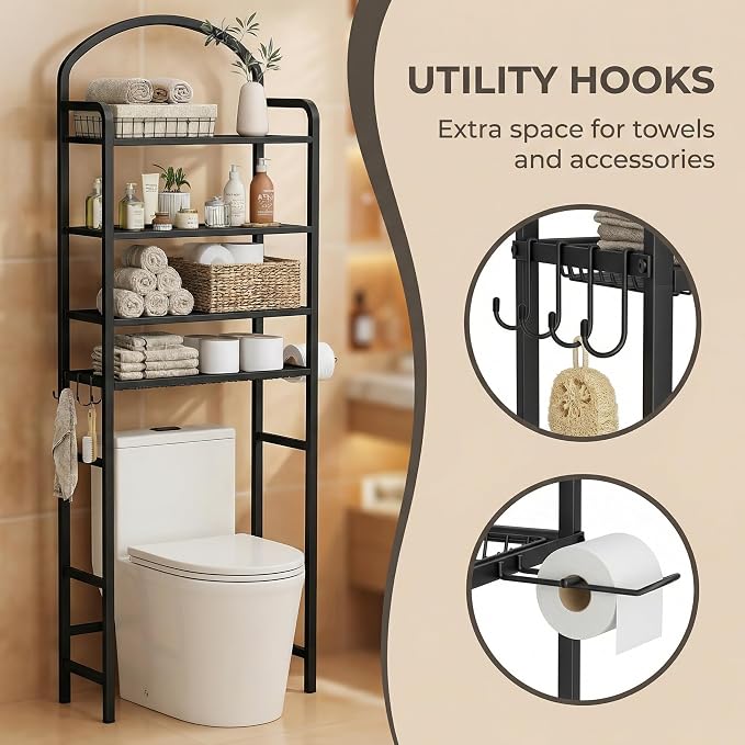 4-Tier Over The Toilet Storage, Bathroom Organizer, Space-Saving, 72" H Above Toilet Storage Rack with 4 Hooks and Paper Holder, Metal Shelf, Black