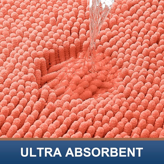 Smiry Luxury Chenille Bathroom Rugs 47x24, Extra Soft and Absorbent Shaggy Bath Mat, Machine Washable, Non-Slip Plush Carpet Runner for Tub, Shower, and Floor, Home Decor Accessories, Coral