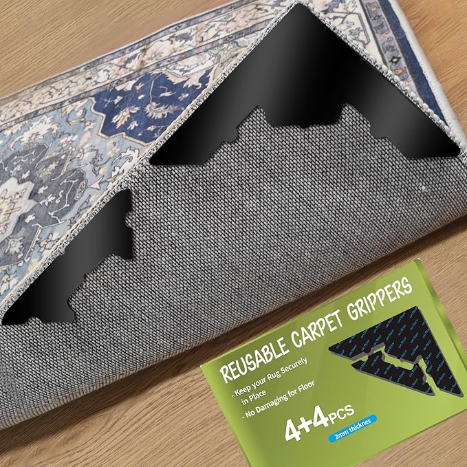 8 Pcs Large Non Slip Rug Pads Carpet Tape for Hardwood & Tile,No Residue | Reusable Extra Thick Double Sided Adhesive,Secures Area Rug Corners,Fits Laminate Carpet Floors,Rug Stickers,No Damage