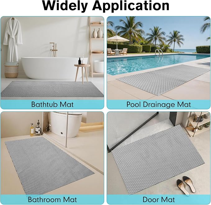 Extra Large Non-Slip Shower Mat, 58.26" x 31.49" Bathroom Shower Mat, Fast-Dry Drainage Hole PVC Bath Tub Mat, Anti Slip Bathroom Safety Accessory for Elderly/Kids, Gray