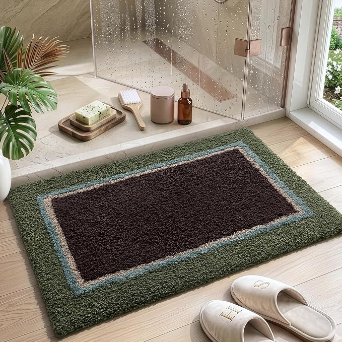 DEXI Bathroom Rugs 24x16, Absorbent Extra Soft Plush Microfiber Bath Mat for Bathroom, Non Slip Washable Bathmat Quick Dry for Shower Floor, Sink, Tub, Laundry Room, Green and Brown