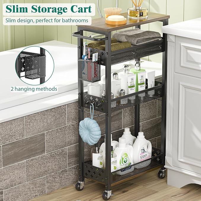 XYZLVSI Slim Storage Cart 4 Tier Laundry Cart with Wheels, Narrow Metal Kitchen Rolling Carts Bathroom Organizers Storage Shelf with Wood Rack and Handle for Small Space