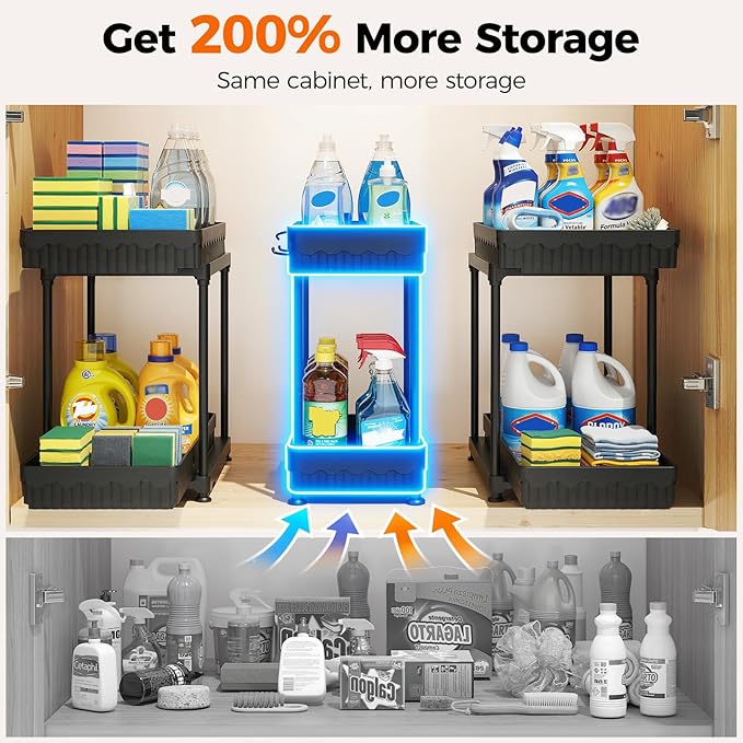 Sevenblue 3 Pack Under Sink Organizer, 2 Tier Pull Out Bathroom Cabinet Organizer, Multi-Purpose Storage Shelf for Kitchen (2-Tier Sliding, 14.8 Inch)