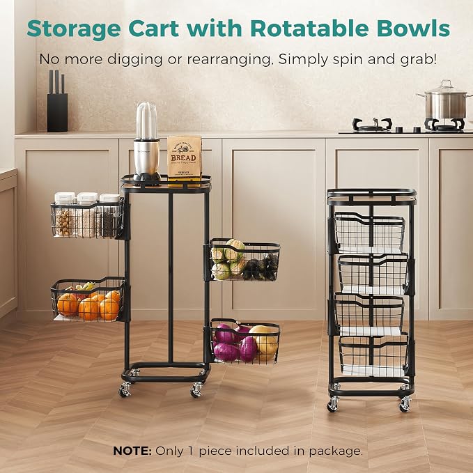 4 Tier Kitchen Fruit Vegetable Storage Cart with One-Piece Rotating Basket, Pantry Organizer Shelf Rack Floor Stand for Veggie Onion Potato Produce Spice, Rolling Snack Cart on Wheels, Black