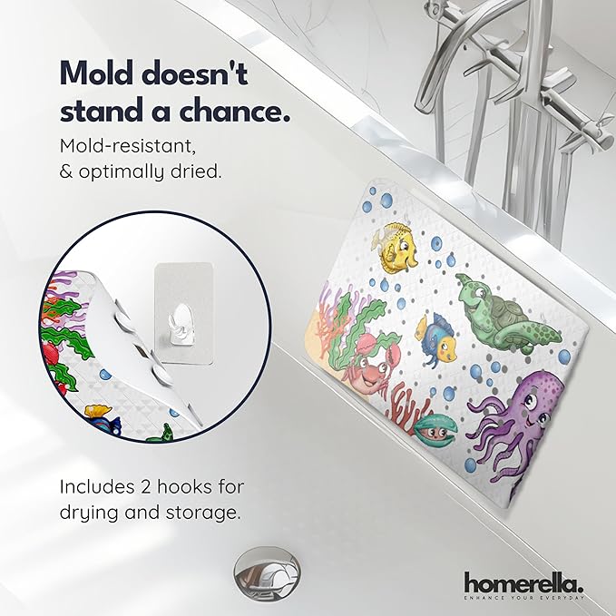 Bath Tub Mat Non Slip Anti Mold for Kids BPA Free INCL Hooks - homerella® Ocean Sea Animals 40x16, Baby Bath Mat Non Slip 200 Suction Cups, Non Toxic Machine Washable Toddler Bath Mat, EU Certified