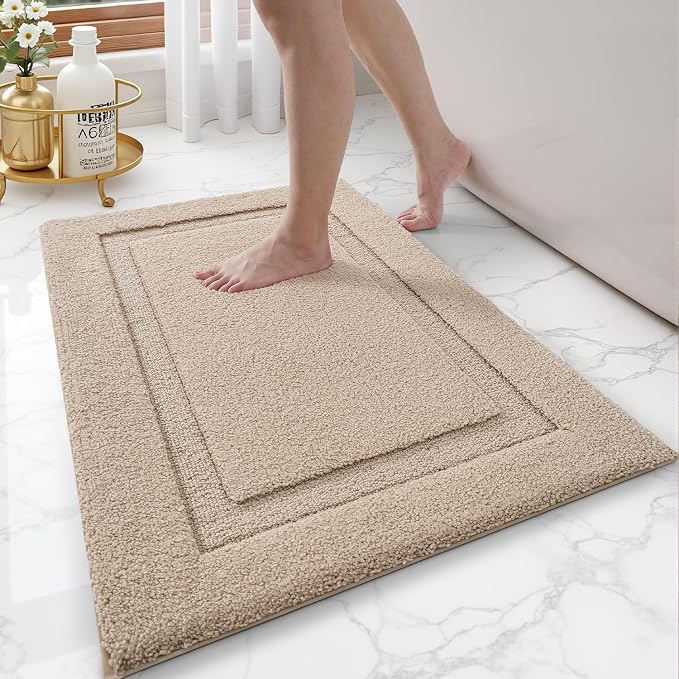 LUMI Ultra Soft Bathroom Rugs Non Slip with Rubber Backing, Absorbent Washable Bath Mat Quick Dry, Upgraded Premium Microfiber Plush Carpet for Bathtub and Shower Floor, Beige, 16x24