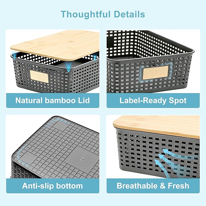 Bagnizer 4 Pack Plastic Storage Bins with Bamboo Lids, 6.2qt Stackable Storage Organizer Box with Lable for Pantry Shelves Drawers Desktop Office, 12"L x 8.3"W x 3.5"H, Gray