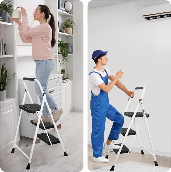 Step Ladder, Portable Steel Folding Step Stool with Wide Anti-Slip Pedal & Convenient Handgrip, Sturdy Steel Ladder, 3-Step, White