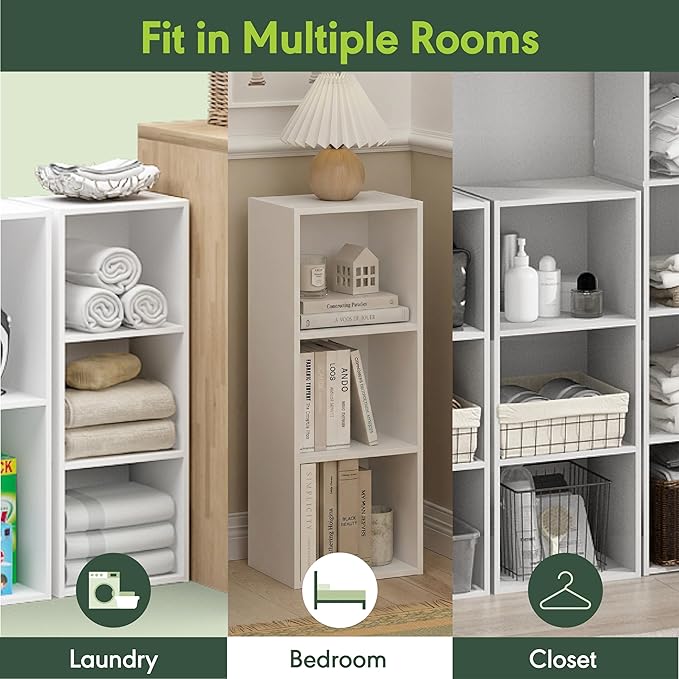 Furinno LUDER Book Shelf, 3-Cube Bookshelf, Bookcase with Open Shelves, 9.3 x 12 x 31.5, Easy Assembly, for Living Room, Bedroom, Home Office, White