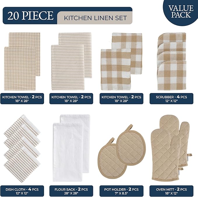 LANE LINEN 20 Piece Kitchen Linen Set - Soft Absorbent Cotton Dish Towels, Reusable Terry Dish Cloths, Flour Sack Towels for Baking, Quilted Oven Mitts & Pot Holders for Everyday Cooking - Beige