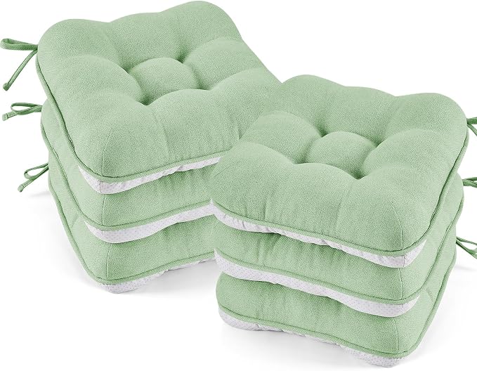 BETU Chair Cushions for Dining Chairs Set of 6,3.5" Thick Kitchen Table Chair Pads with Ties,Non Slip Backing and Covers, Home Decor Seat Cushion for Dining Room,Bar,Patio Chairs15.5"X15.5"X3.5"Green
