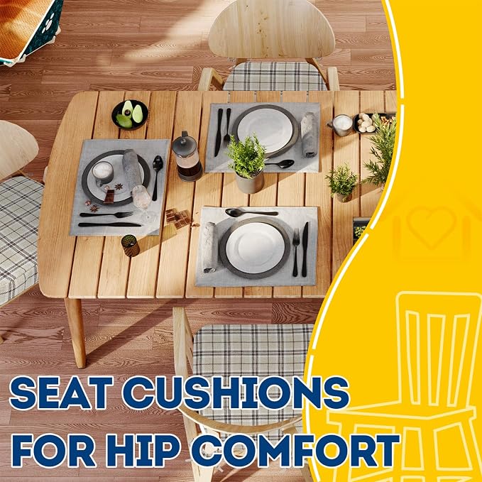 AAAAAcessories D-Shaped Chair Cushions, 2" Thick Dining Chair Pads with Ties and Removable, Machine-Washable Cover, 17" x 16", Set of 8, Tan Plaid