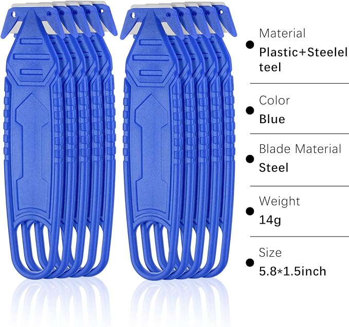 Therwen Safety Box Cutter Knife of Stainless Steel Concealed Blade Package Opener with Tape Splitter for Carton Cardboard Wrap Letter Work Bag Straps Film Utility Tool(Blue,10 Pcs)