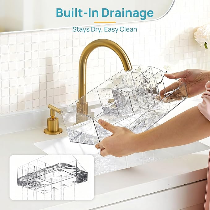 Vtopmart 7 PCS Bathroom Countertop Organizer, 1 Divided Tray with 4 Qtip Holder Jars and 2 Drawers, Restroom Clear Organizers for Toothbrush, Cotton Pads, Vanity Accessories Storage Set