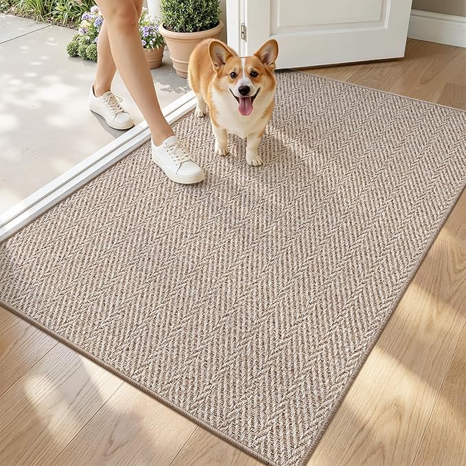 LUMI Ultra Thin Indoor Door Mat for Entrance 32"x48", Non Slip Entryway Mat, Low Profile Doormat, Unique Herringbone Design Carpet for Inside, Patio, Porch, Deep Beige