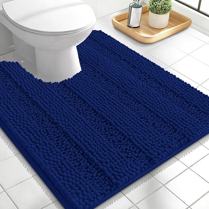 OLANLY Thick Toilet Rugs U-Shaped 24x20, Extra Soft Absorbent Chenille Striped Contour Bathroom Rugs for Toilet, Dry Quickly, Navy