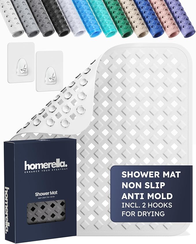 homerella® Shower Mat Non Slip Anti Mold, Non Slip Shower Mats for Inside Shower Stall Anti Slip Mat, Square Shower Floor Mat 21 x 21 in with Suction Cups & Hooks for Quick Drying, Machine Washable