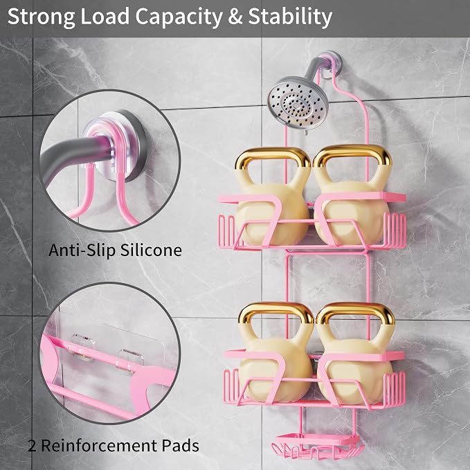 DAOYA Shower Caddy Hanging, Pink Over the Shower Head Caddy with Soap Holder, Bathroom Organizer with Hooks for Razors and Bath Sponges