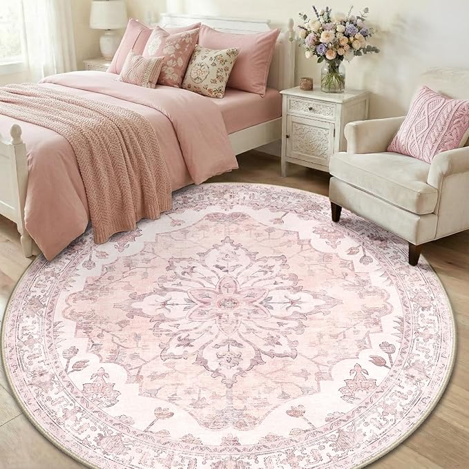 RELEANY Area Rugs Round 6ft Washable Non-Slip, Floral Vintage Distress Medallion Carpet for Living Room Bedroom Dining Room, Pink Greypink Cute