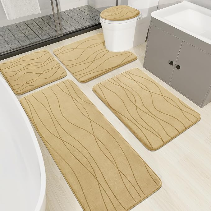 YIHOUSE Memory Foam Bathroom Rug Sets, Beige, 5 Piece | Ultra Soft, Absorbent, Non-Slip, Machine Washable
