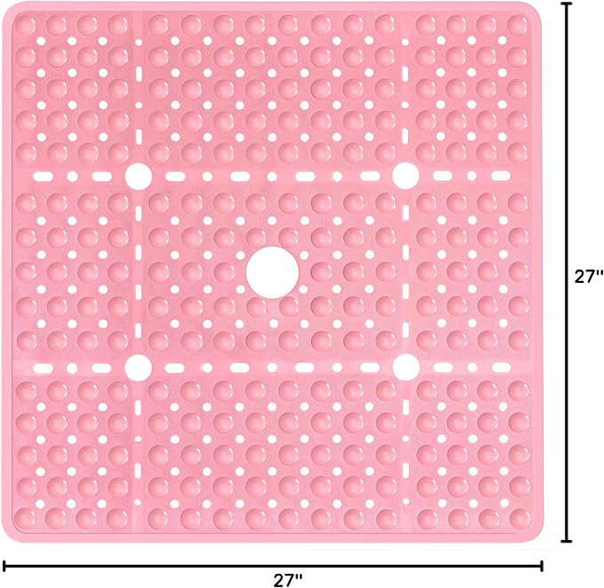 Large Square Shower Mat 27 x 27 Inch Pink, Non Slip Shower Bathtub Mats for Inside Shower with Big Suction Cups Drain Holes, Anti Slip Bathroom Floor Shower Stall Mats, Easy Clean, BPA-Free