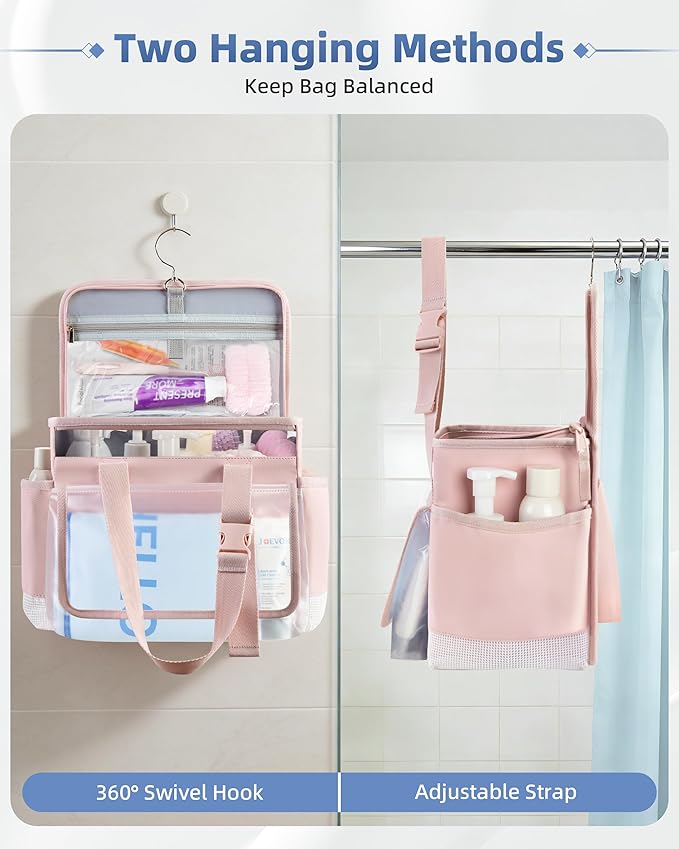 Marscamd Hanging Shower Caddy Organizer Bag for Travel with Hanging Hook, Quick Dry Mesh Bathroom Caddy Toiletry Bag with Handle for College, Dorm, Gym, Camping, Pink