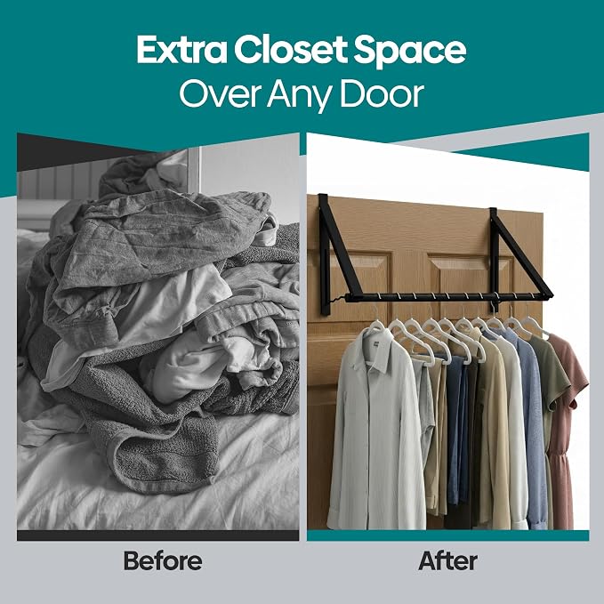 HOLDN’ STORAGE Over The Door Hanger - Foldable Rack Organizer for Hanging Clothes, Coats & Towels, Ideal for Dorm Rooms, Laundry, Bathrooms, Etc - Holds up to 35 LBs, Collapsible - Black