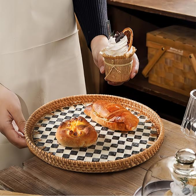 Round Rattan Tray with Mother of Pearl Inlay, Decorative Wicker Serving Tray with Wooden Base, Woven Basket Trays for Bread Fruits Coffee, Checkered