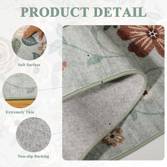 DUKINO 6x9 Area Rug, Floral Rugs for Living Room, Lightweight Non Slip Washable Indoor Low Pile & Non-Shedding Boho Design Carpet for Bedroom, Living Room, Dining Room, Sage Green