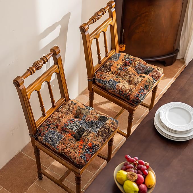 vctops Boho Paisley Chair Cushions with Ties Patchwork U-Shaped Soft Cozy Cotton Linen Chair Pads Non Slip Seat Cushions for Indoor Dining Room and Kitchen Chairs (Tan,18"x18")