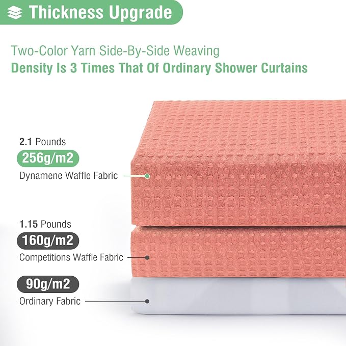 Dynamene Coral Fabric Shower Curtain - Waffle Weave Textured Heavy Duty Cloth Shower Curtains for Bathroom, 256GSM Hotel Luxury Weighted Bath Curtain Set with 12 Hooks,72x72, Coral
