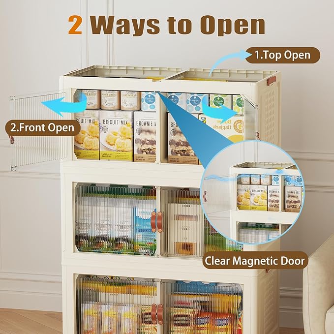 SAILUN 190Gal/760Qt Stackable Storage Bins Folding Collapsible Storage Bins with Lid, Closet Organizers and Storage Box with Door Cream 33.5" W x 19" D x 69" H