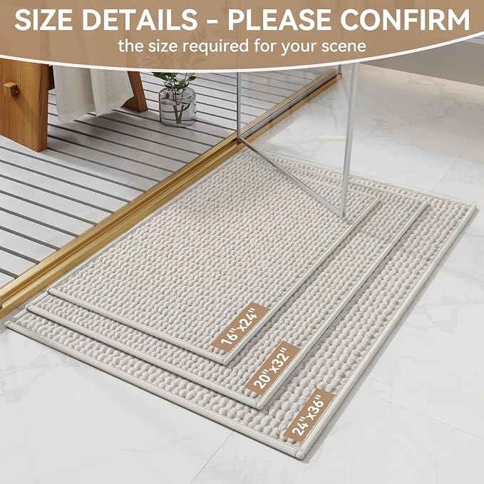 20x32 Extra Soft Chenille Bathroom Rugs - Non Slip Quick Dry Absorbent & Washable Bath Mat, Thin Low Profile Fit Under Door, Shower Mat for Outside Shower - Beige