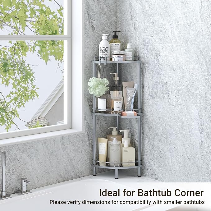 ELYKEN Corner Shower Caddy Standing, 3 Tier Rustproof Metal Shower Organizer with Soap Holder, Floor Shower Corner Shelf Rack Storage Stands with Adjustable Feet & 2 Hooks for Bathroom, Silver