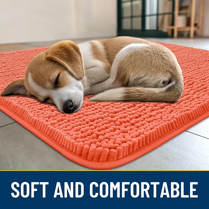 Smiry Dog Door Mat for Muddy Paws 48x30, Absorbent Dirt Trapper, Non-Slip Washable Chenille Entryway Rug for Inside Floor, Coral, Classic Solid