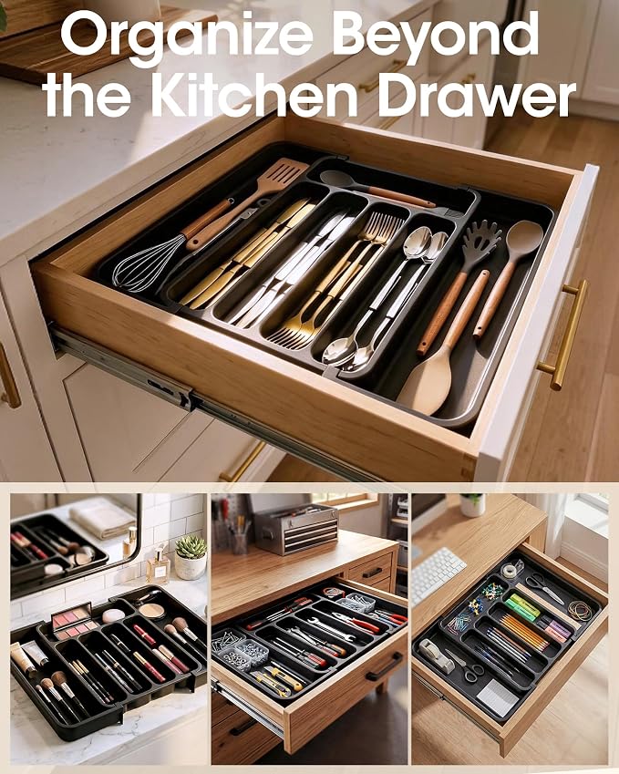 Aujen Silverware Organizer - Expandable Kitchen Drawer Organizer, Adjustable Utensil Organizer, Cutlery Tray for Forks, Knives, Multipurpose Kitchen Organizers and Storage Solution, Black, Medium