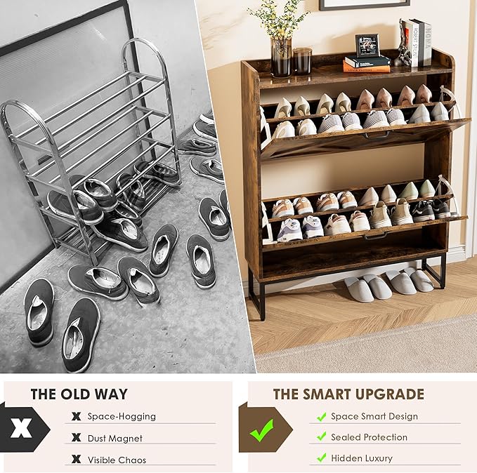 Nicetree Shoe Cabinet Organizer with 2 Flip Drawers, Freestanding Narrow Rack with Metal Legs, Farmhouse Slim Shoe Storage for Entryway, Foyer, Hallway, Rustic Brown